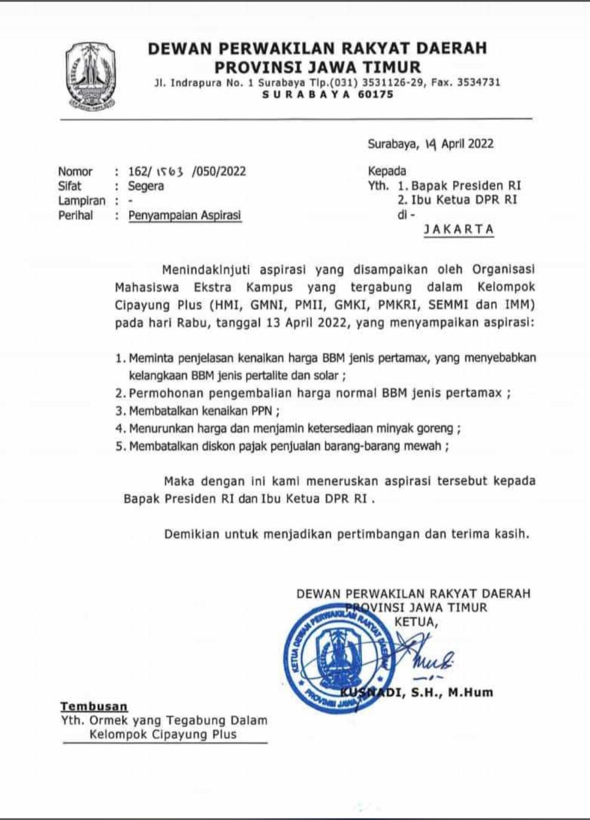 DPRD Jatim Kirim Tuntutan Cipayung Plus Surabaya ke Pusat, PMKRI: Kami Kawal!